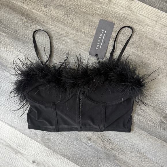 Sans Souci Faux Feather Mesh Bustier Black Small Stretch Adjustable - Picture 2 of 8